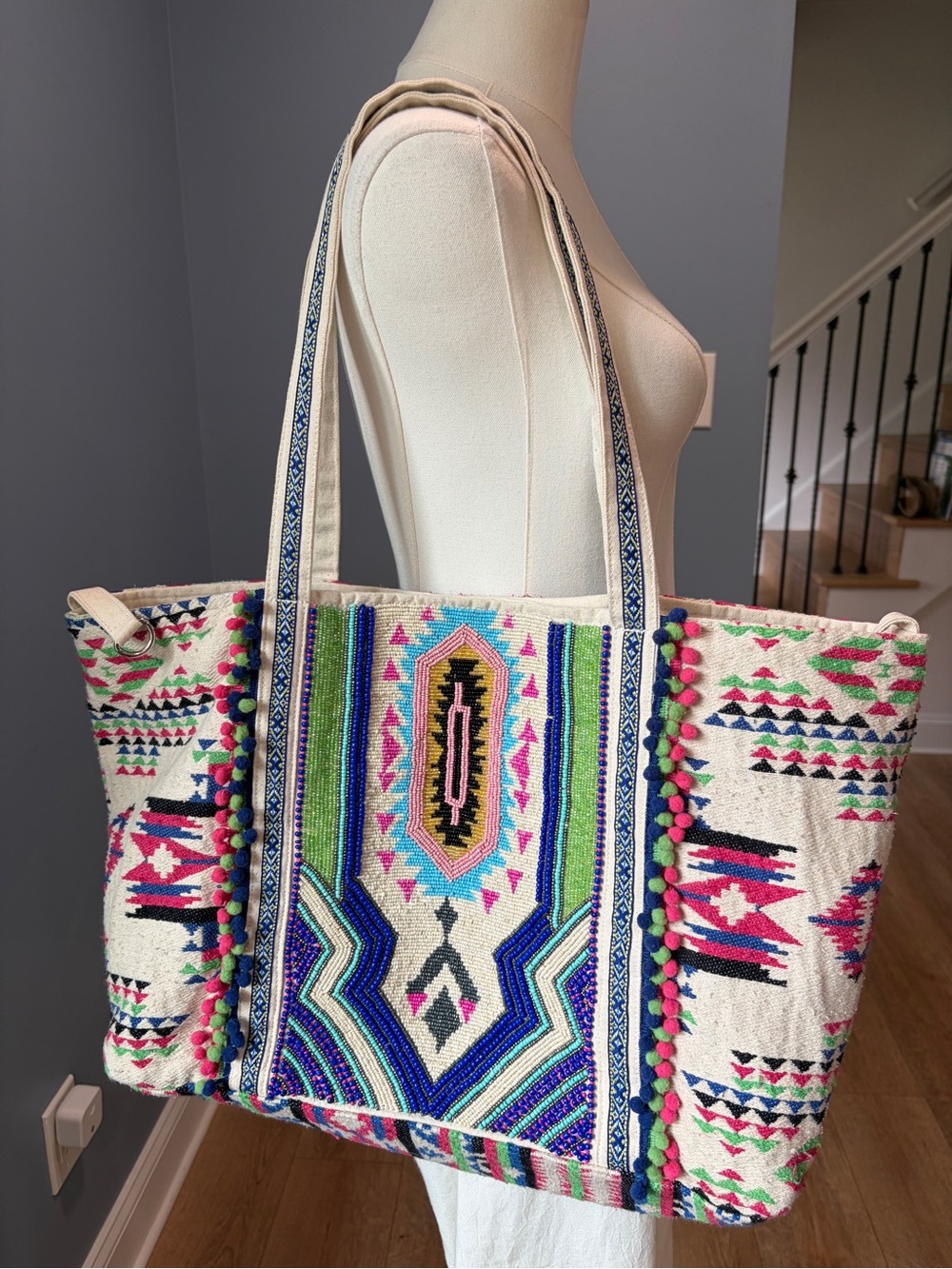 America & Beyond Beaded Aztec Tribal Pom Pom Oversized Tote Bag Boho